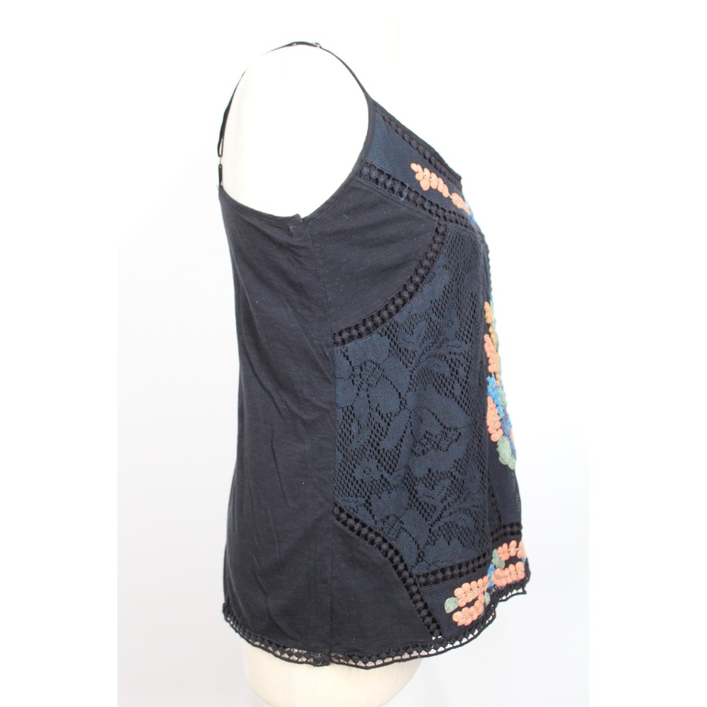 Meadow Rue Anthropologie M Black Floral Embroidered Lace Trim Tank Top - Picture 3 of 9
